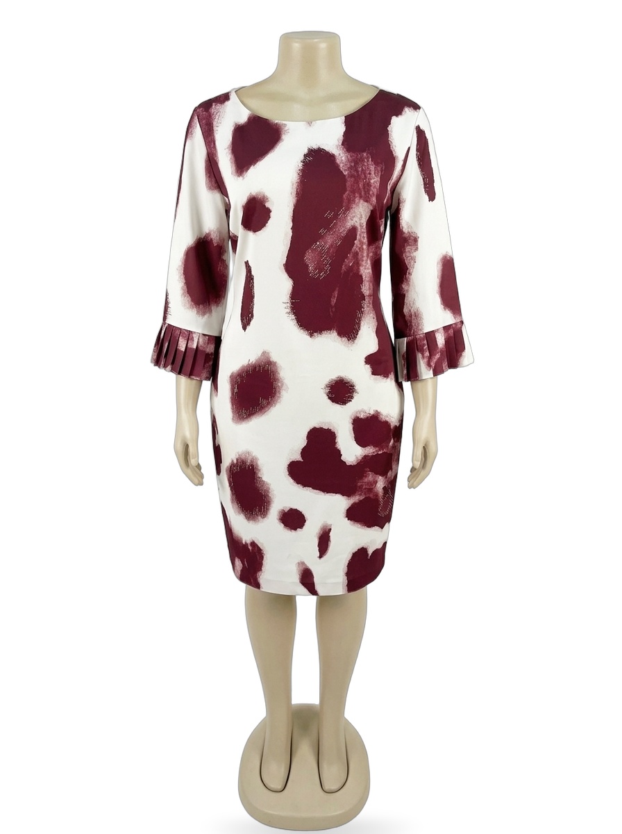 Burgundy Abstract Print Pleated-Cuff Sheath Dress